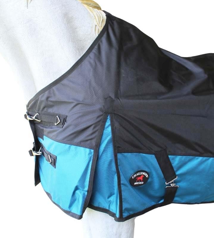 CHALLENGER 1200D Turnout Waterproof Rain Light-Weight Sheet Horse Blanket - color: Black Teal, size: 76 inches