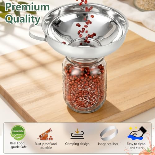 4-in-1 Canning Funnel Set, Stainless Steel Wide Mouth & Regular Funnels with Extended Stable Spout, Umbrella Strainer & Mesh Filter, Food-Grade Kit for Large Food, Jars, Oil, Kitchen Use