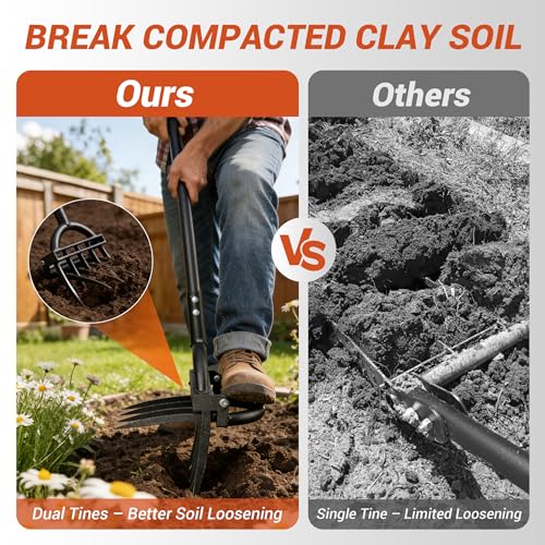 Broad Fork Garden Tool, Heavy Duty 5+4 Sharp Tines BroadFork Hand Tiller Garden Pitchfork with Ergonomic Handles for Spading Digging Fork Gardening Cultivating Composting and Loosening