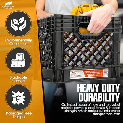 Juggernaut Storage Heavy Duty Milk Crates, 4 Handles, 16 Qt, Black, 4-Pack - color: Black, size: 16 Quart 4-pack