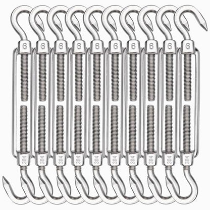 TooTaci 10PCS M6 Turnbuckle, 304 Stainless Steel Turnbuckle Hook and Hook | Turnbuckle Wire Tensioner, 220lb Adjustable Turnbuckles for Cables Wire, Shade, Cable Tightener, Garden Trellis, Clothesline - size: M6 CC-10Pcs