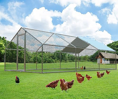 1.26’’ Large Metal Chicken Coop Walk in, Chicken Pen for Chickens, Outdoor Chicken Runs Coops Dog Kennel, Spire Roofed Chicken Runs for Yard with Anti-Ultraviolet Cover(9.8’Lx19.7’Wx6.4’H) - size: 9.8’Lx19.7’Wx6.4’H