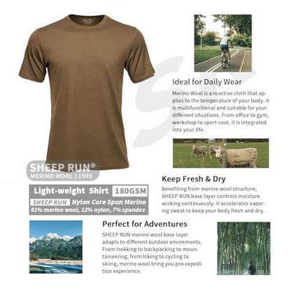 SHEEP RUN Men's Merino Wool Lightweight Hiking Running Workout Breathable Base Layer T Shirt - color: Dark Camel, size: Small