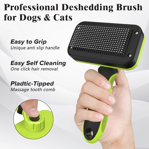 2PCS Self Cleaning Slicker Brush & Dog Comb - Skin Friendly Deshedding Grooming Tool for Dogs, Cats and Small Animals, Professional Deshedding Dematting Tool for Long and Short Haired Pets (Green) - color: Green