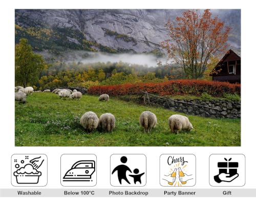 4x4ft Autumn Mountain Sheep Pasture Backdrop White Wool Sheep Red Maple Tree Mist Cliff Wooden Cabin Background Tapestry Party Nordic Farm Scenery Decorations Photo Booth Props - size: 4x4ft