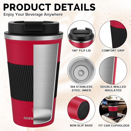 MOMSIV 17oz Travel Coffee Mug, Insulated Coffee Cup with Leakproof Lid - color: B-Dark Red-17oz