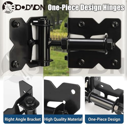 Self Closing Gate Hinges for Wooden Fences Gates, 90 Degree Adjustable Heavy Duty Gate Door Hinges Hardware Kit for Fence Gate, Vinyl gate, Pool gate and Outdoor Gates, 2 Pack, Non-Weld Black Finish