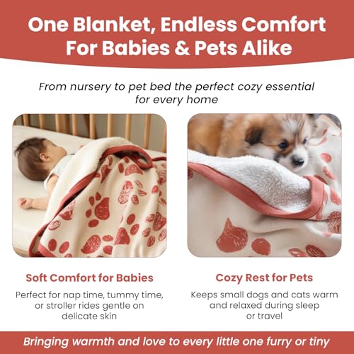 Baby & Pet Blanket 100% Cotton with Sherpa Fleece – Soft Stroller & Cuddle Blanket for Baby, Dog & Cat – Breathable, Hypoallergenic, Washable – 76×96 cm Amber Glow - color: Amber Glow/Beige
