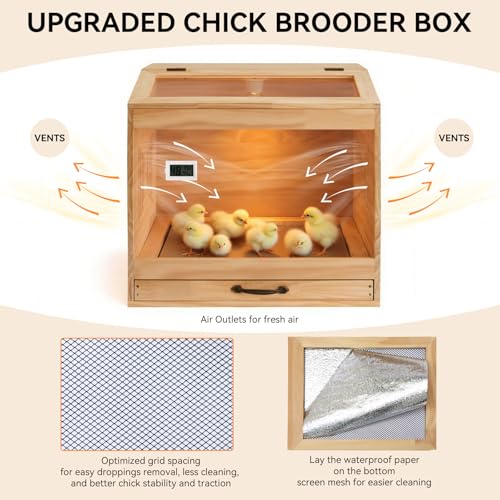 Brooder Box for Chicks, Wooden Chicken Brooder with Heat Lamp