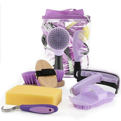 Horse Grooming Kit, 9-Piece Horse Brush Set with Tote Bag, Purple - color: Purple