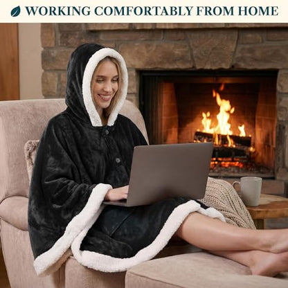 PAVILIA Hooded Blanket Poncho for Women, Fleece Wearable Shawl Wrap, Black | Fleece Shawl Wrap with Hood, Adult Wearable Blanket, Cozy Warm Poncho Cape Throw with Pockets, Gift for Elderly Mom - color: Black