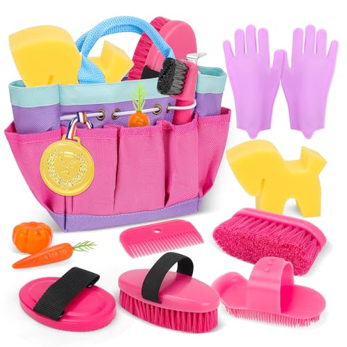 deAO Horse Grooming Brush Kit 12Pcs Horse Tack with Tote Bag,Care Tool,Pink - color: Pink