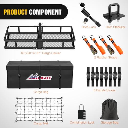 Nilight 60" x 20"x 7.87" Folding Carrier Fits 2-Inch Receiver 500 Lbs Capacity Bag Net Ratchet Straps Lock Stabilizer for SUV Pickup RV Van - style: 20"Basket w/Bag,Net,Straps,Stabilizer,Lock