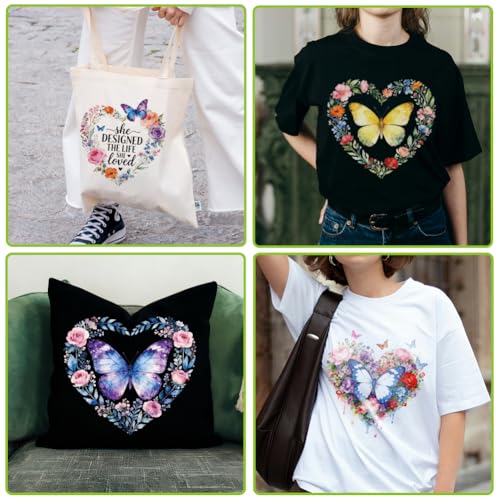 arricraft 9 Sheets Heart Plant Iron on Stickers, Butterflies Heart Flowers Pattern Print Transfer Stickers Decals for DIY T-Shirt Jeans Backpacks Families Clothing Hat Decoration Applique - style: Butterflies Heart Flowers Theme