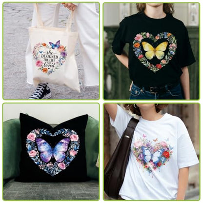 arricraft 9 Sheets Heart Plant Iron on Stickers, Butterflies Heart Flowers Pattern Print Transfer Stickers Decals for DIY T-Shirt Jeans Backpacks Families Clothing Hat Decoration Applique - style: Butterflies Heart Flowers Theme
