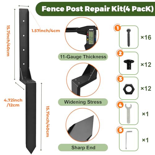 Fence Post Repair Kit, Thickened Heavy Duty Fence Post Anchor Stakes for Repair Tilted, Broken Wood Posts Support (Black, 4 Pack) - color: Black-4 Pack