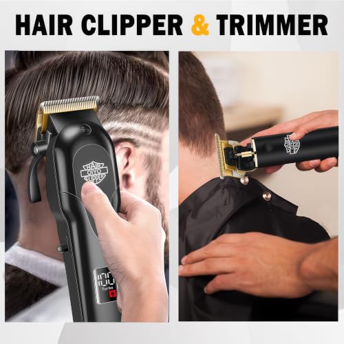 Hair Clippers for Men, Cordless Professional Beard Trimmer Set | Golden Stainless Steel Blades, 14 Guide Combs(1-19mm), USB Charging, Home Use, LED Display, Barber accessories, Gift for Men