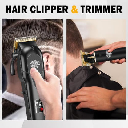 Hair Clippers for Men, Cordless Professional Beard Trimmer Set | Golden Stainless Steel Blades, 14 Guide Combs(1-19mm), USB Charging, Home Use, LED Display, Barber accessories, Gift for Men