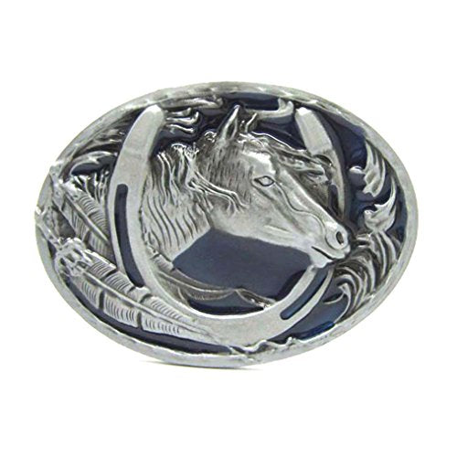 MASOP Engraved Animal Equestrian Horseshoe Horse Head Oval Cowboy Belt Buckle - color: Blue