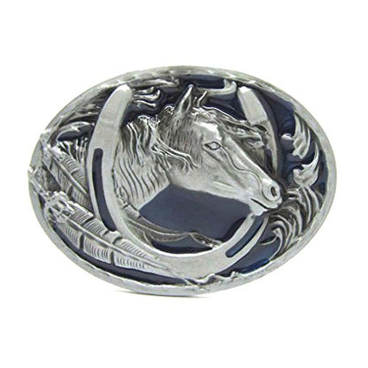 MASOP Engraved Animal Equestrian Horseshoe Horse Head Oval Cowboy Belt Buckle - color: Blue