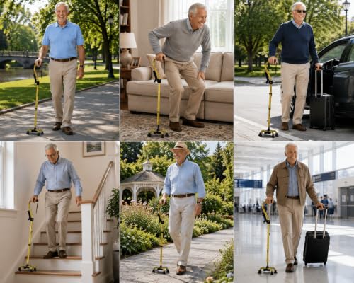 Walking Cane with 4 Prongs and Extra Side Handle – Adjustable, for Balance & Stability for Adults, Seniors, and Injured. - color: Gold