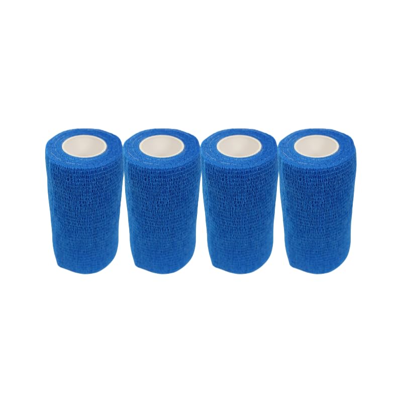4" Cohesive Flexible Bandage Wrap – Blue - Pack of 4 | Self-Adherent Vet Tape for Animal Wound Care, Wrapping, and Support – Non-Slip, Breathable, Flexible Bandage for Livestock - color: Blue