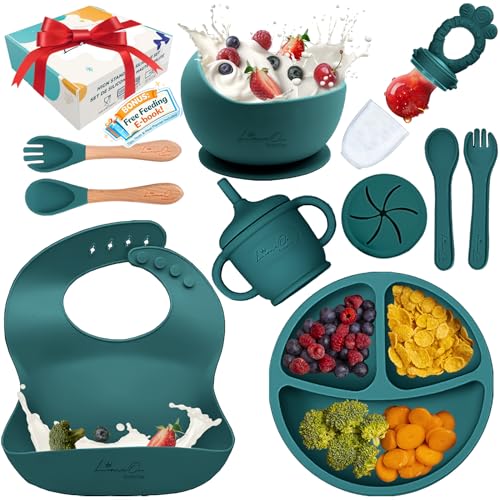 Silicone Baby Feeding Set, Suction Plates Bowls Bibs for Self Feeding Green | Baby Led Weaning, BPA-Free Suction Plates and Bowls, Baby Spoons Forks, Independent Eating, Easy Clean - color: Green Spruce