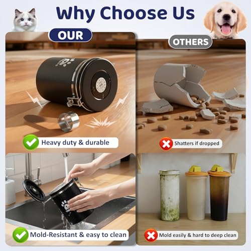 ENONCI Airtight Dog Treat Canister, 304 Stainless Steel Food Storage Jar with Date Dial Black-1.8L - color: Black, size: 1.8l