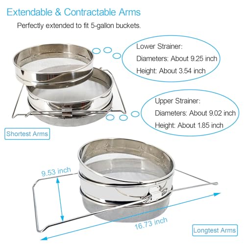 Honey Strainer,Double Sieve 304 Stainless Steel,for 5 Gallon Bucket | Double-sieve stainless steel strainer with adjustable arms, designed for filtering honey into buckets, pails, and honey tanks
