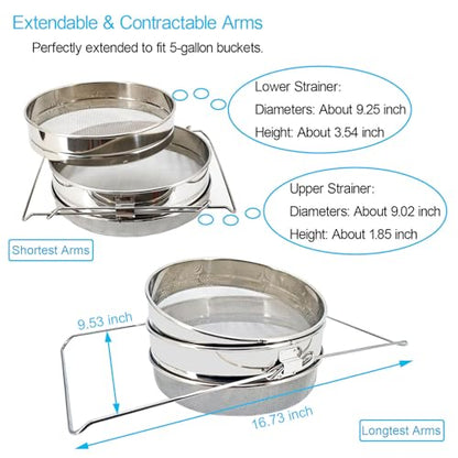 Honey Strainer,Double Sieve 304 Stainless Steel,for 5 Gallon Bucket | Double-sieve stainless steel strainer with adjustable arms, designed for filtering honey into buckets, pails, and honey tanks