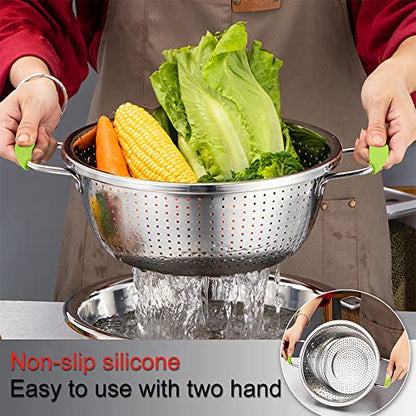 Stainless Steel Deep Colander Micro-perforated 2.5 Quart Metal Food Strainer with Green Silicone Handles for Draining Pasta Cleaning Food like Fruit - color: Green Double Handle 2.5 Quart