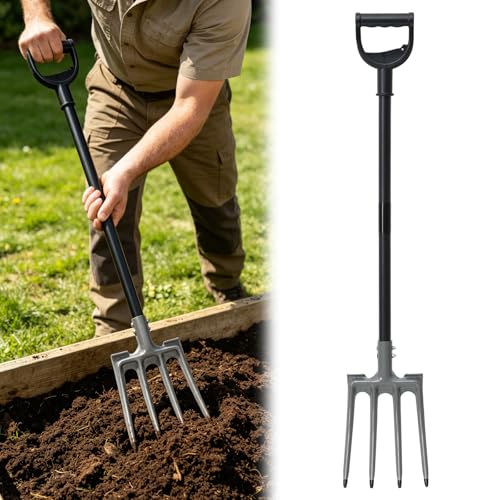 Pitch Fork, 46 inch Garden Fork with Metal 4 Tines & Ergonomic D Handle, Heavy Duty Pitchforks for Gardening Digging Composting Soil Loosening