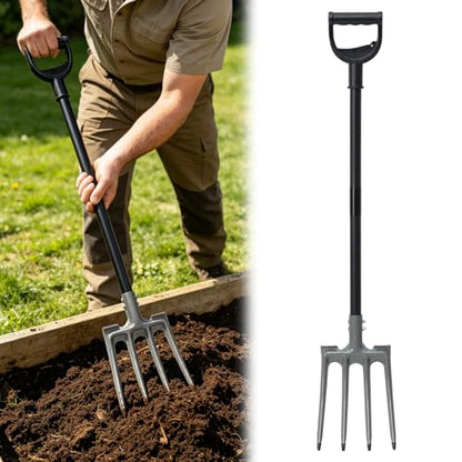 Pitch Fork, 46 inch Garden Fork with Metal 4 Tines & Ergonomic D Handle, Heavy Duty Pitchforks for Gardening Digging Composting Soil Loosening