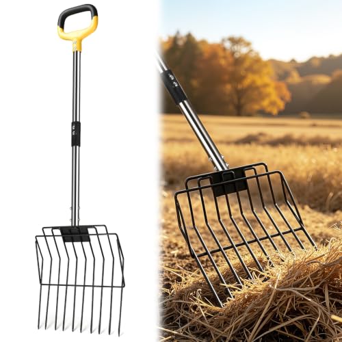 AugFir 10-Tine Metal Pitchfork, 50" Long Handle Mulch Pitchfork, Heavy-Duty Manure Fork, Garden Fork for Shoveling, Fertilizing, Transplanting, and Mulching (Yellow) - color: Yellow