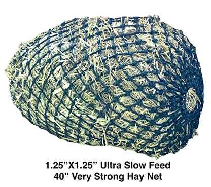 Majestic Ally 1.25”x1.25” Holes Ultra Slow Feed 40” Very Sturdy Hay Net with Bottom Ring for Goat, Sheep, Simulate Grazing and Reduces Waste (Black) - color: Black
