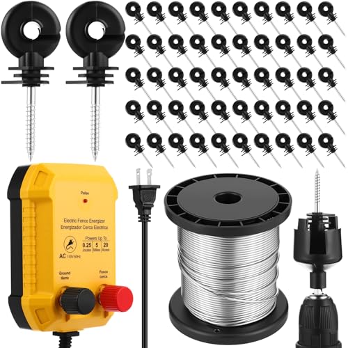 MorningRo Electric Fence Charger Kit 0.25J 5 Mile 50 Insulators 250ft Wire - style: 0.25 Joule