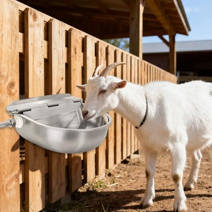 Automatic Livestock Waterer, 304 Stainless Steel Auto Fill Drinking Bowl with Float Valve, Drainage Hole & Protective Baffle, Wall Mount or Floor Stand, for Dogs, Chickens, Horses, Goats, Pigs