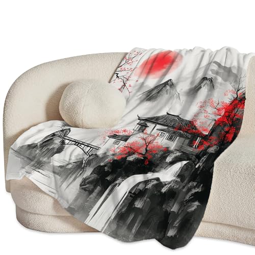 Japanese Throw Blanket Splash Red Cherry Blossom Gifts for Girls Women Men Boys Plush Cozy Flannel Fleece Fuzzy Landscape Blankets 60"X50" - color: Black Red, size: 60"x50"