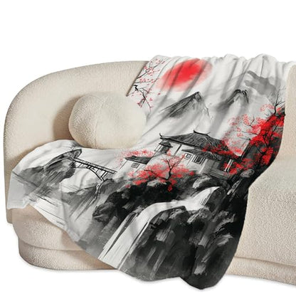 Japanese Throw Blanket Splash Red Cherry Blossom Gifts for Girls Women Men Boys Plush Cozy Flannel Fleece Fuzzy Landscape Blankets 80"X60" - color: Black Red, size: 80"x60"