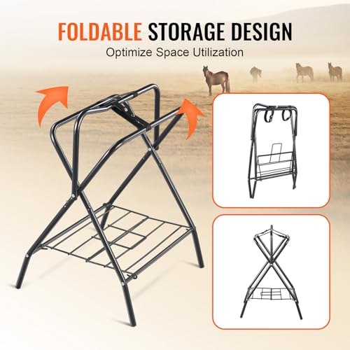 VEVOR Folding Saddle Rack, Freestanding Horse Saddle Stand, Portable Horse Blanket Holder, Heavy Duty Steel Saddle Rack for English & Western Saddles, Tack Storage, 28 x 19 x 37.5 in, Black - style: Folding Saddle Rack-1 Pcs