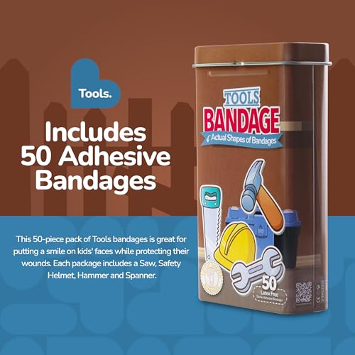 BioSwiss Bandages, Tools Shaped Self Adhesive Bandage Set, Latex Free, Sterile Wound Care, 50 Count - color: Tools, size: 50-Count Tin