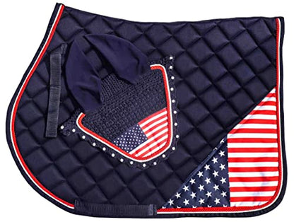American Flag All Purpose English Saddle Pad, Handmade Jumping Saddle Pad, Fly Bonnet,Fly Veil - size: COB