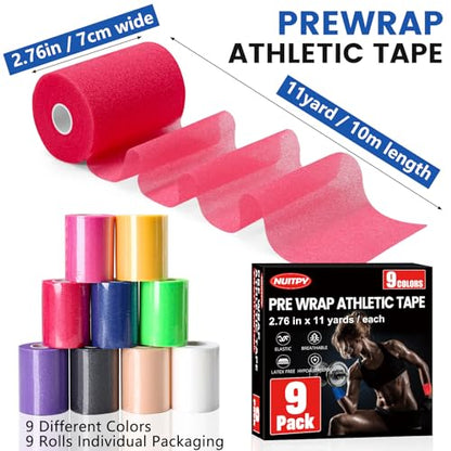 9 Pack Pre Wrap Tape, 9 Colors 2.76 Inch x 11 Yards Prewrap Athletic Tape - color: Blue,pink,purple,white,red,black,skin,green,yellow