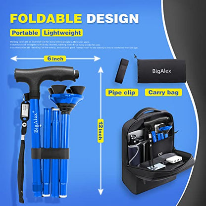 BigAlex Folding Walking Cane with LED Light,Pivoting Quad Base,Adjustable Walking Stick with Carrying Bag for Men/Women - color: Blue(4'9"-5'6")