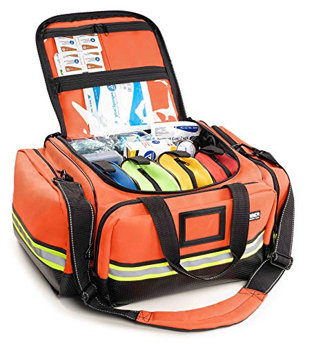 Scherber Fully-Stocked First Responder Professional Advanced EMT/EMS Trauma Kit | HSA/FSA Approved | Reflective Bag w/10+ Compartments, Zippered Pockets & 250+ First Aid Supplies (Orange) - color: Orange
