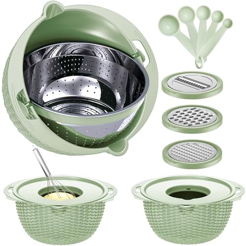 4-1 Strainer with Bowl & Spoons Set - Strainers and Colanders - Colanders for kitchen(Patented) - Pasta Strainer with Upgraded Graters & Spoons for Fruit Veggie Kitchen Essentials, Green - color: Green