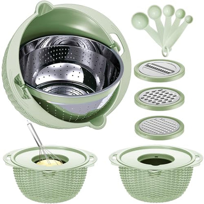 4-1 Strainer with Bowl & Spoons Set - Strainers and Colanders - Colanders for kitchen(Patented) - Pasta Strainer with Upgraded Graters & Spoons for Fruit Veggie Kitchen Essentials, Green - color: Green