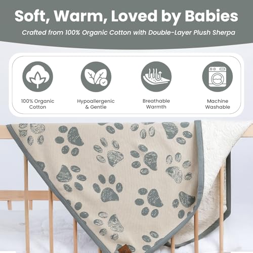 Baby & Pet Blanket 100% Cotton with Sherpa Fleece – Soft Stroller & Cuddle Blanket for Baby, Dog & Cat – Breathable, Hypoallergenic, Washable – 76×96 cm All-Season Blanket Reed Green Beige - color: Green