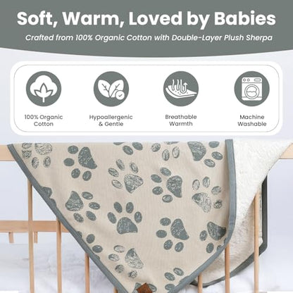 Baby & Pet Blanket 100% Cotton with Sherpa Fleece – Soft Stroller & Cuddle Blanket for Baby, Dog & Cat – Breathable, Hypoallergenic, Washable – 76×96 cm All-Season Blanket Reed Green Beige - color: Green