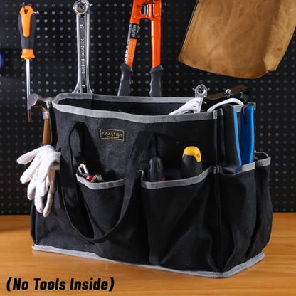 Canvas Tool Tote Bag, Heavy Duty 16oz Waxed Canvas Tool Storage Pouch with 1 Large Compartment & 10 Small Pockets | Multi-Purpose Garden Tool Bag for Horticulturists Mechanics Craftsmen – Black - color: Black